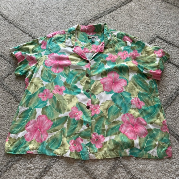 Caribbean Joe floral Hawaiian button front shirt palm tree cream pink green 3X - Picture 1 of 5